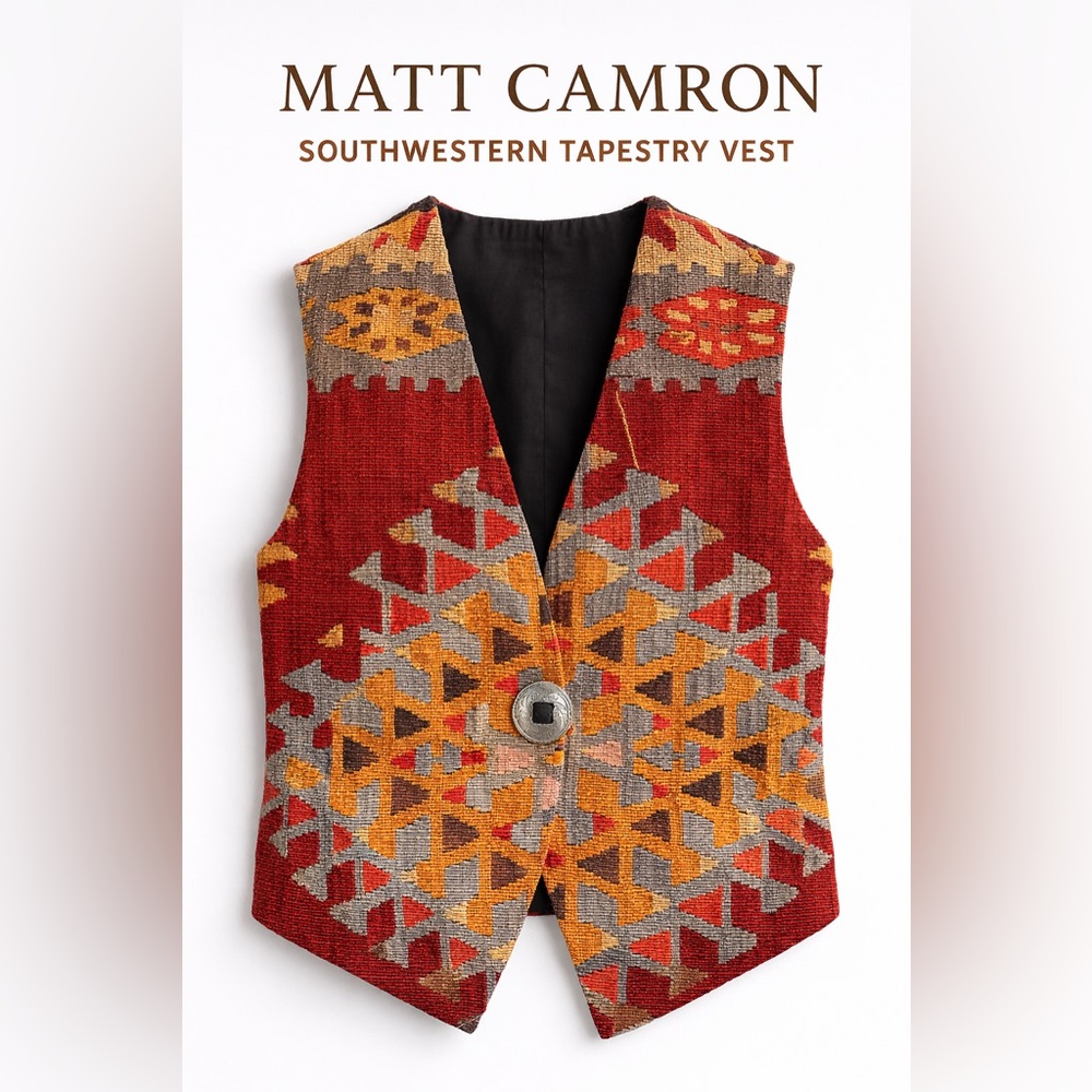 VTG Matt Camron Southwestern Tapestry Vest Wool Silver Concho Ranch